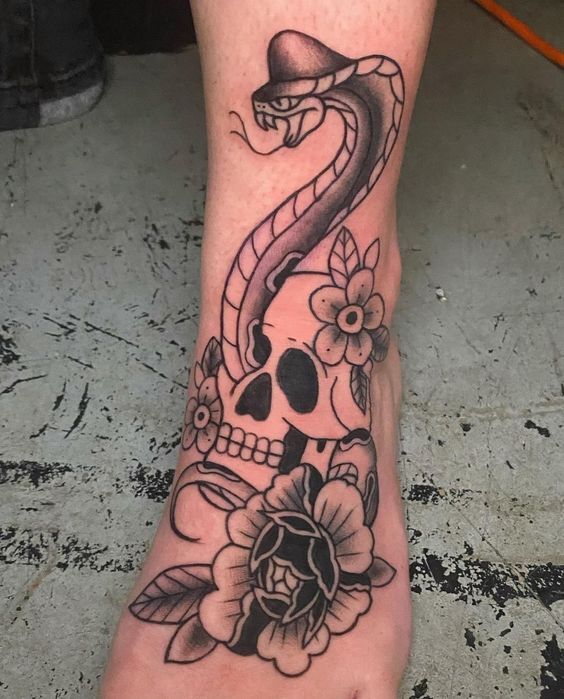 Neo Traditional Skull And Snake Tattoo